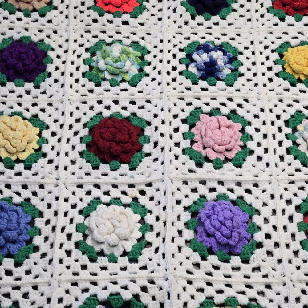 Vintage 3D Crochet Granny Square Blanket Floral White Handmade Afghan Throw
